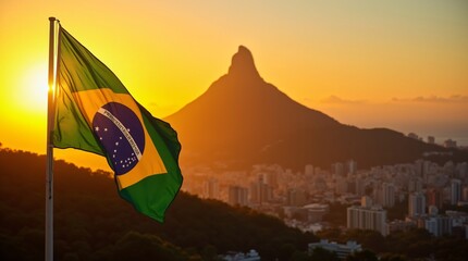 Brazil national flag flying against beautiful landscape on sunset. Happy Independence Day, Labor Day, Proclamation of the Republic. Celebrating national Brazilian holiday, festival. Travel and tourism