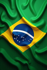 Closeup of Brazil national flag flying on the wind. Happy Independence Day, Labor Day, Proclamation of the Republic. Celebrating national Brazilian holiday or festival. Travel and tourism concept