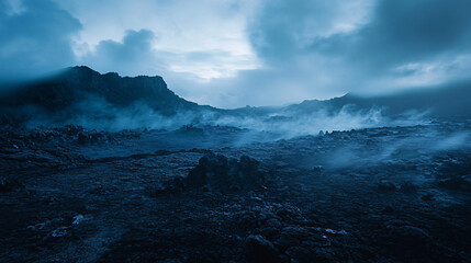 Desolate plateau of dark volcanic stone, where patches of blue-tinged fog hover close to the ground, and distant silhouettes are almost lost in the thick shadows. 