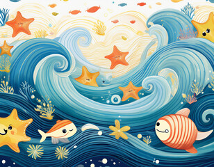 Fototapeta premium Friendly Ocean Wave Pattern for Kids with Cartoon Sea Creatures