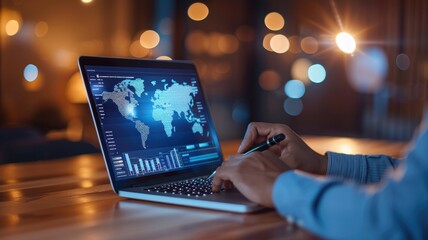 A person works on a laptop displaying a world map with data analytics, illuminated by soft lights in a cozy environment.