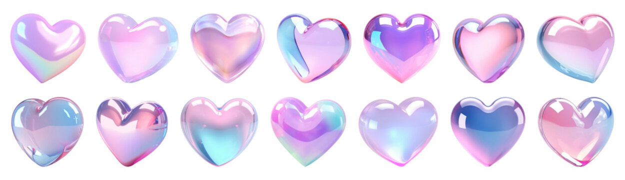 Naklejki PNG 3d holographic heart, element set on transparent background