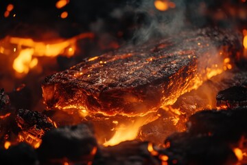 Close-up of a steak grilling over hot coals and flames.