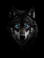 Fototapeta premium Ethereal Wolf Portrait: Glowing Blue Eyes in a Dark Void