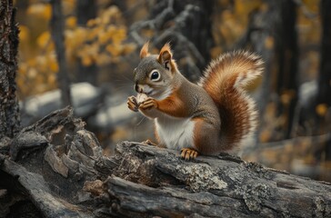 Fototapeta premium Cute red squirrel sitting on a tree trunk, eating against a forest background