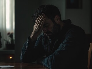 Sad man sitting at a table, hand on forehead, in dim light.
