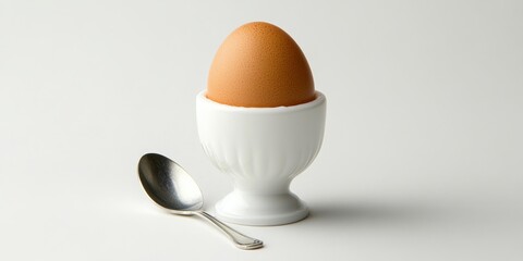 A soft-boiled egg served in an egg cup with a small spoon beside it, placed against a white background