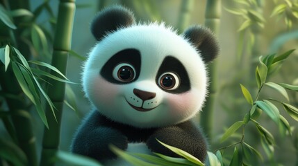 Obraz premium Adorable cartoon panda cub peeking from bamboo forest. (3)