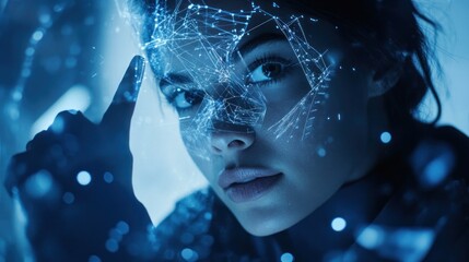 Woman's face overlaid with a futuristic, glowing digital network.