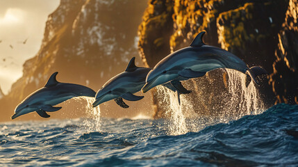 Obraz premium Dolphins jumping into the ocean, with granite cliffs covered in lichen illuminated by the morning sun in the background. 