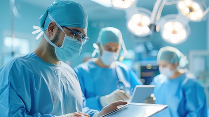 Medical personnel in surgical attire collaborate in an operating room, using tablets for patient monitoring and data management.