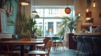Cozy cafe interior with wooden tables, chairs, plants, and warm lighting.