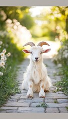 Obraz premium A white goat with curved horns sitting on a cobblestone path surrounded by flowers.