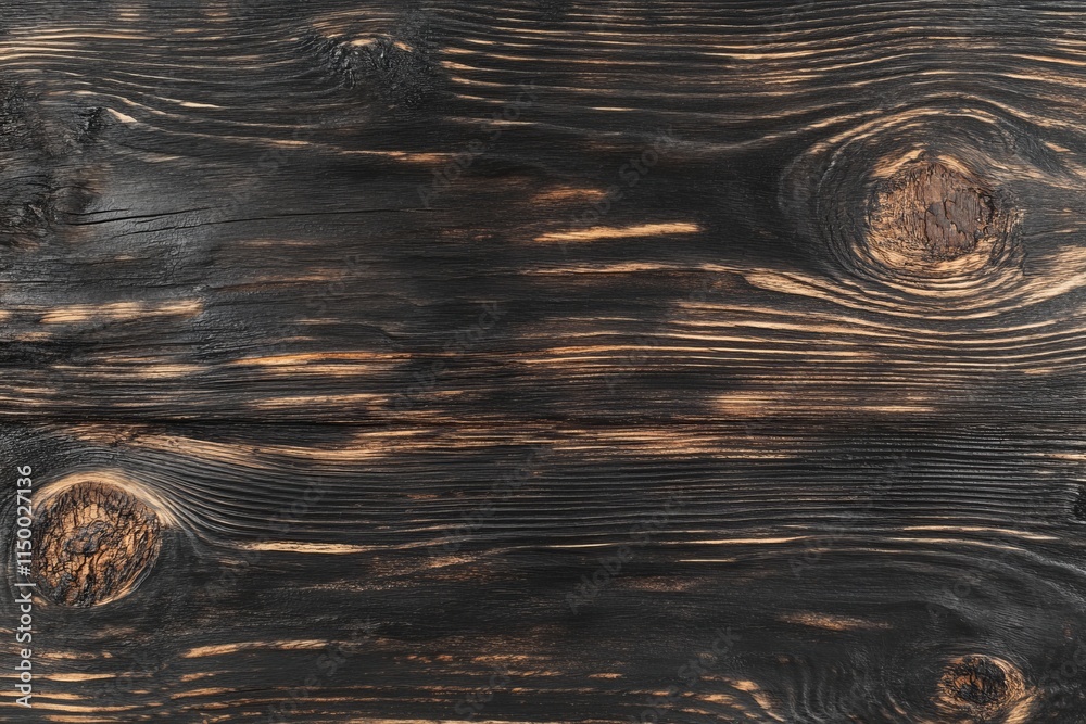 Aufkleber charred blackened wood texture with rough patterns showcasing natural grain and knots