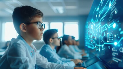 A focused young boy in glasses engages with a futuristic screen displaying digital data and technology in a classroom setting.