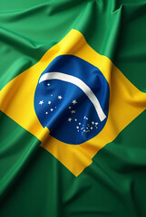 Closeup of Brazil national flag flying on the wind. Happy Independence Day, Labor Day, Proclamation of the Republic. Celebrating national Brazilian holiday or festival. Travel and tourism concept