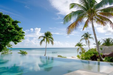 Fototapeta premium Beachfront resort surrounded by palm trees featuring an infinity pool, offering a tropical paradise experience