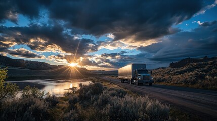 Semi-truck drives on a rural road during a dramatic sunset.