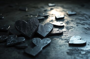 Two prominent dark stone hearts among many others on a textured surface.