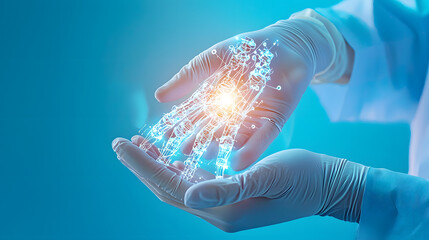 The Power of Innovation: A doctor's hands delicately hold a glowing digital representation of DNA, symbolizing the cutting-edge advancements in healthcare and the promise of breakthroughs. 