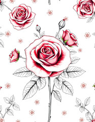 Beautiful rose flower pattern, little flower bouquet vintage with red ground, color sketch, with white tones