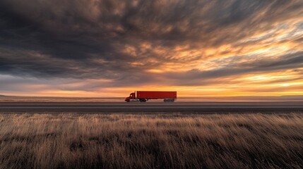 Red semi-truck driving on highway during dramatic sunset.