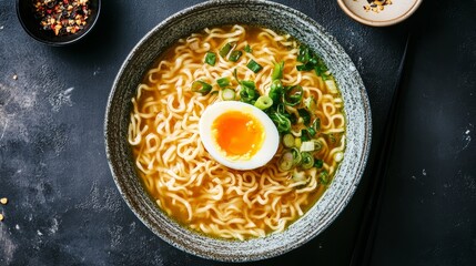 A top-down view of egg noodle soup with a soft-boiled egg topping, arranged on a minimalist surface