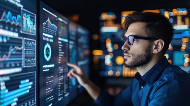 A focused individual analyzes data on multiple screens, showcasing modern technology and digital analytics in a dimly lit environment.