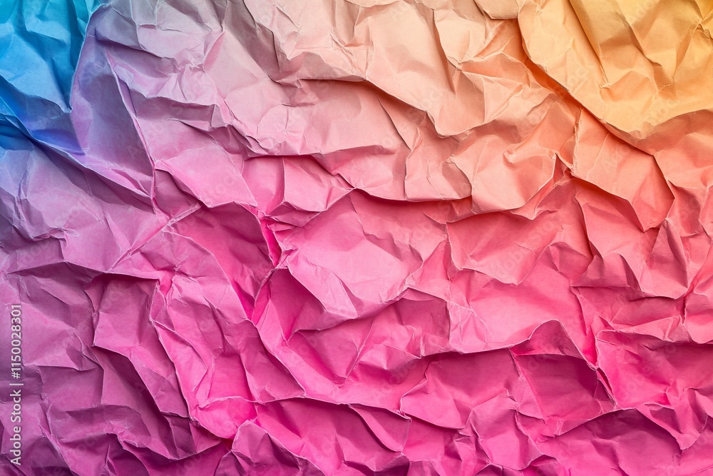 Poster crumpled holographic paper texture with sharp folds in vibrant shades of pink and blue