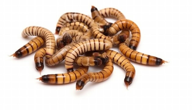 Detailed Close-up of Live Zophobas Larvae with Distinct Striped Patterns on White Background for Natural Science and Entomology Studies
