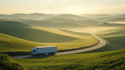 White truck driving on a winding road through scenic rolling hills at sunrise.