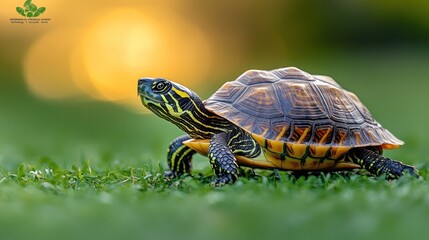 A vibrant yellow-striped turtle basking in the golden hour sunlight on a lush green lawn.