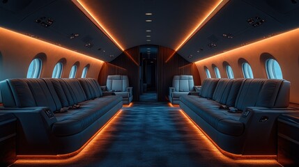 Fototapeta premium Luxurious private jet interior at night.