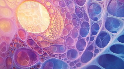 Abstract Cellular Structure: A Dreamlike Tapestry of Interconnected Bubbles in Vibrant Hues of Purple, Pink, and Blue