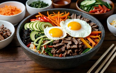 Delicious Bibimbap Bowl Colorful Vegetables Fried Eggs Beef