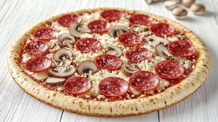 Delicious pepperoni and mushroom pizza on white wooden table.