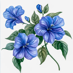 Watercolor illustration of blue flowers with green leaves isolated on white background.