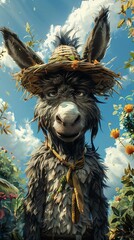 Fototapeta premium Sternfaced donkey stands tall vibrant forest wearing straw hat orange flowers yellow ribbon its gaze directed viewer