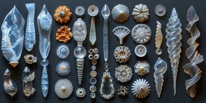 Collection diatom fossils showcasing intricate shapes delicate structures various forms colors patterns highlighting beauty diversity these microscopic organisms