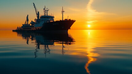 Fototapeta premium Sunset Silhouette of Cargo Ship at Sea