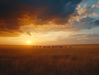 Herd of wild animals silhouetted against a vibrant sunset over a vast golden savanna.