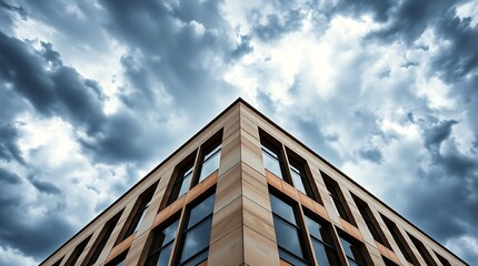 Fototapeta premium High-definition color architectural photograph capturing the interplay between a building and a dramatic, stormy sky. Wide angle, sharp lines, and detailed textures emphasize the tension and power 