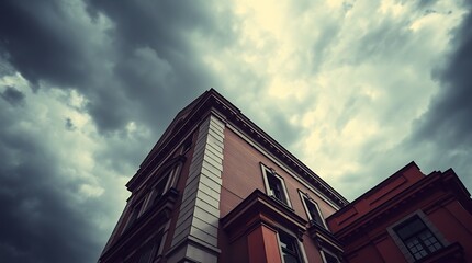 Color architectural photography featuring a building under a stormy sky. Emphasis on sharp lines, detailed structures, and wide-angle perspective creates a sense of drama and scale.