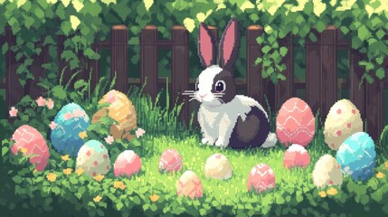 A cute pixel-art bunny surrounded by pastel Easter eggs in a retro-style garden.