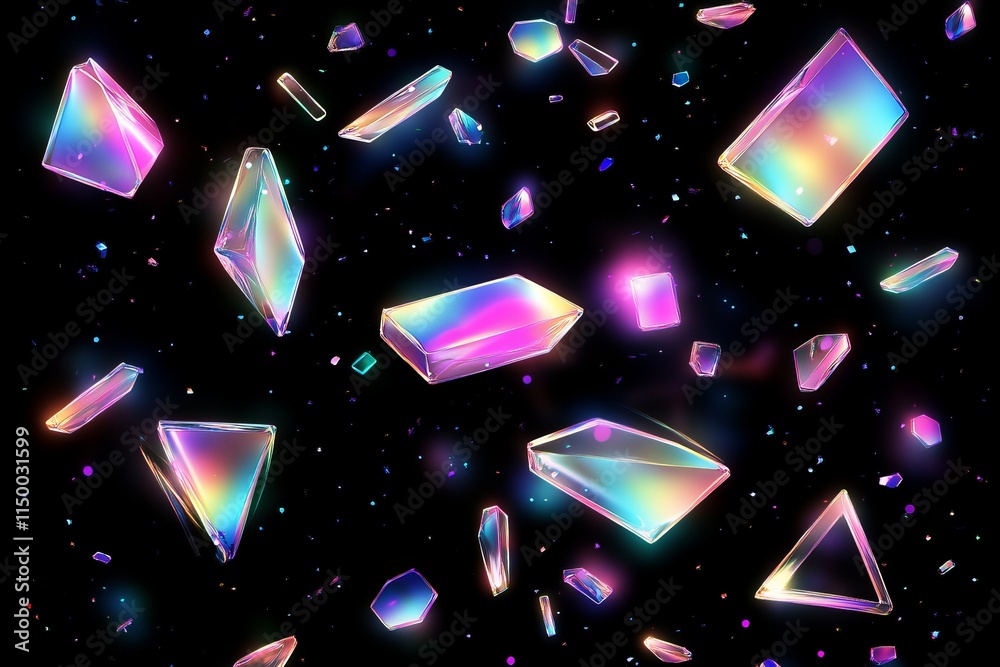 Poster glowing holographic geometric shapes floating in dark space with vibrant colors