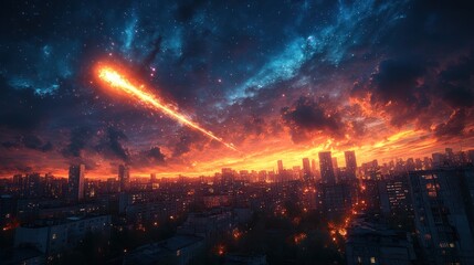Fototapeta premium A dramatic cityscape at sunset with a meteor streaking across the sky.