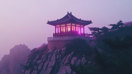 Fototapeta premium Magnificent Pagoda Nestled Amidst Towering Mountains at Dusk