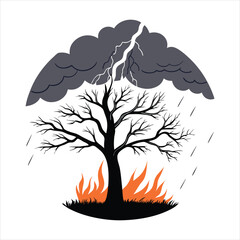 Dramatic Tree Split by Lightning with Flames and a Striking Bolt Overhead