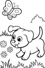 A playful puppy chasing a butterfly illustration perfect for nature and wildlife enthusiasts.