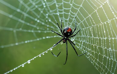 Obraz premium Black Widow Spider Web Dew Drops Green Background